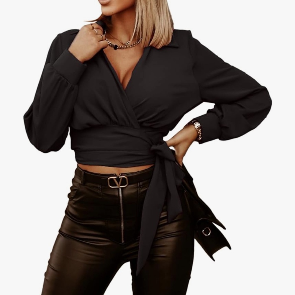 NWOT Vrtige Women's Wrap V Neck Self Tie Knot Long Sleeve Blouse Shirt Crop Top